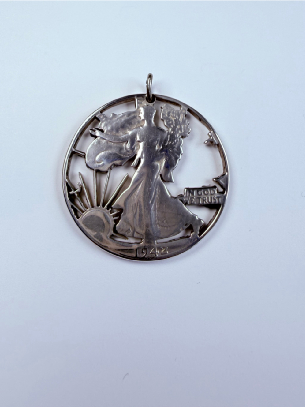 1942 Walker Half Dollar Laser Cut Out Coin 90% Sterling Silver Pendant Necklace